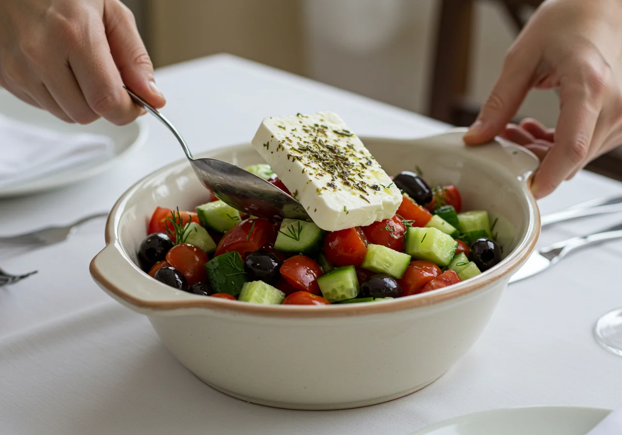 Der griechische Feta Salat wird in einer Schüssel angerichtet und dekoriert.