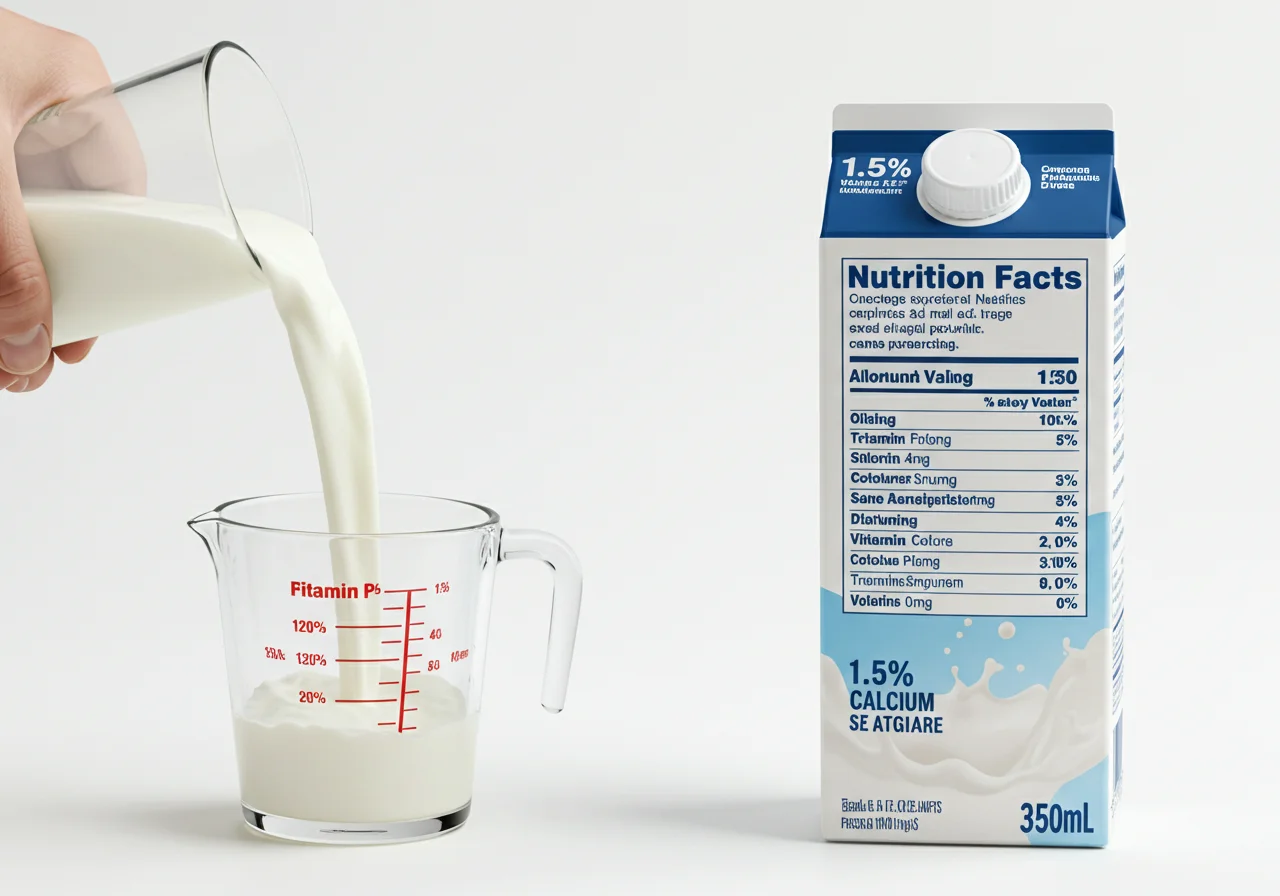 1,5% Milch wird in einen Messbecher für die Kalorienberechnung gegossen.