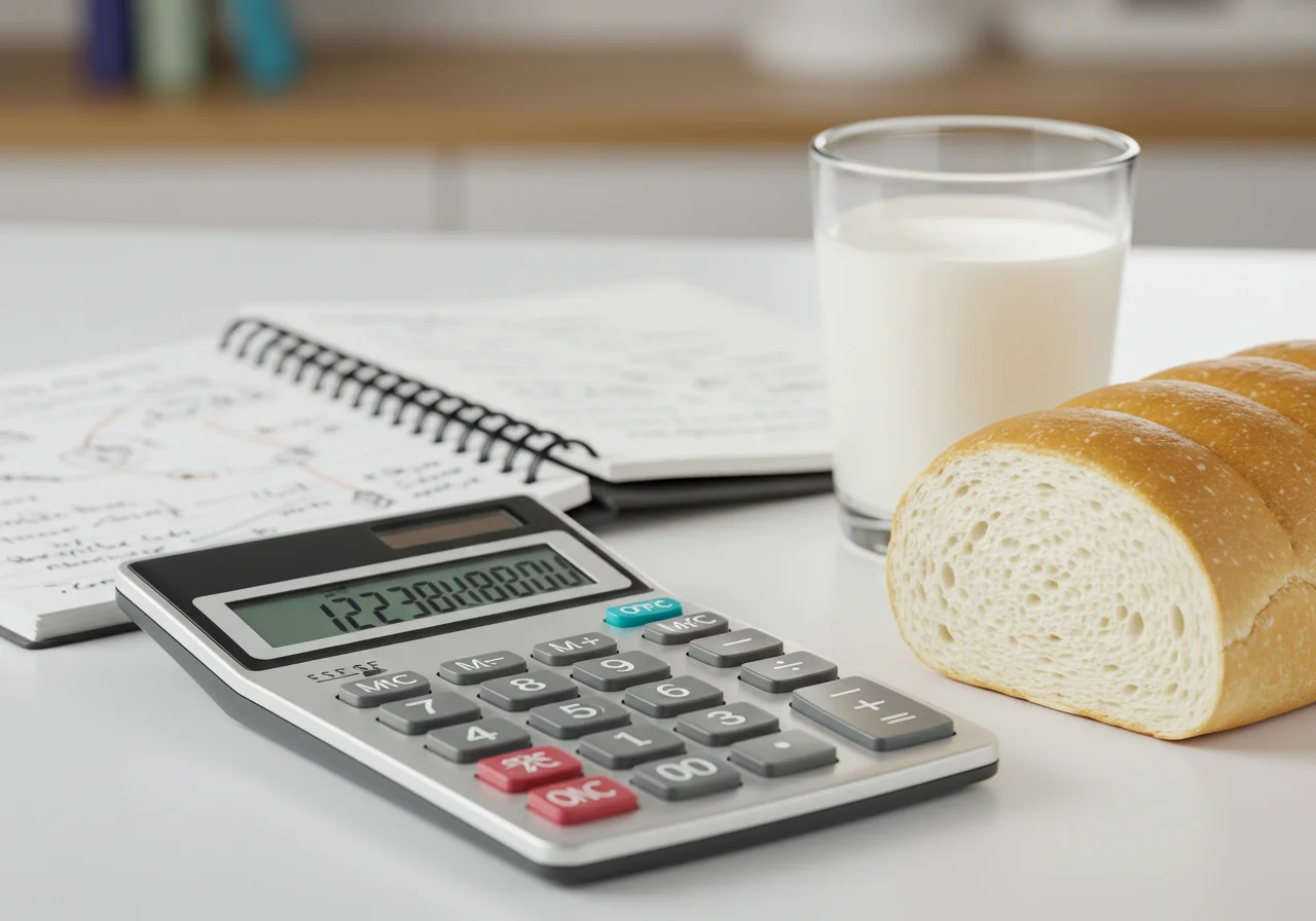 Digitale Berechnung der Kalorien für Brot und Milch auf einem Tisch.