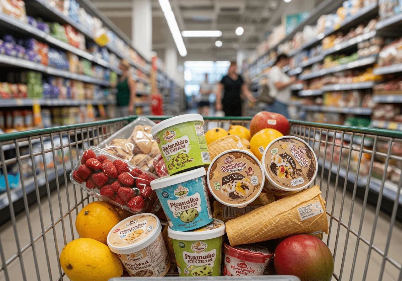 Eiskauf im Supermarkt mit Cremissimo und Magnum Angeboten für warmes Wetter.
