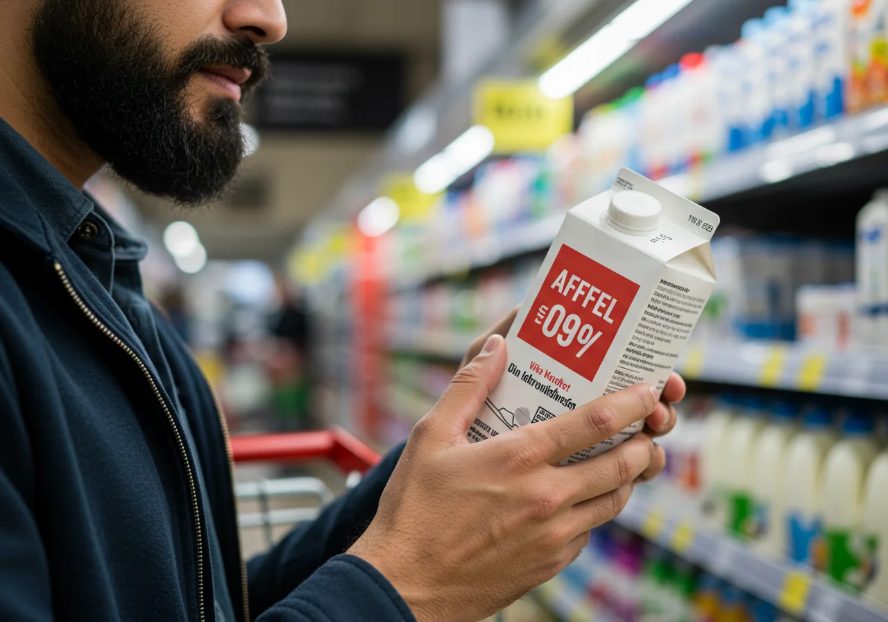 Käufer betrachtet einen Becher Milch mit einem klaren Angebotsschild im Supermarkt.