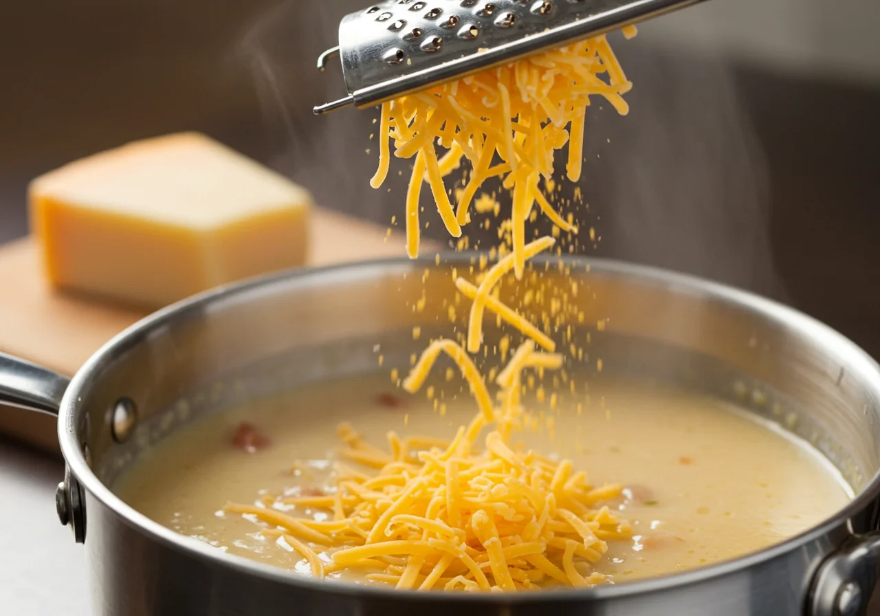 Grated cheese being added to the simmering herzhafte Käse Lauch Suppe.