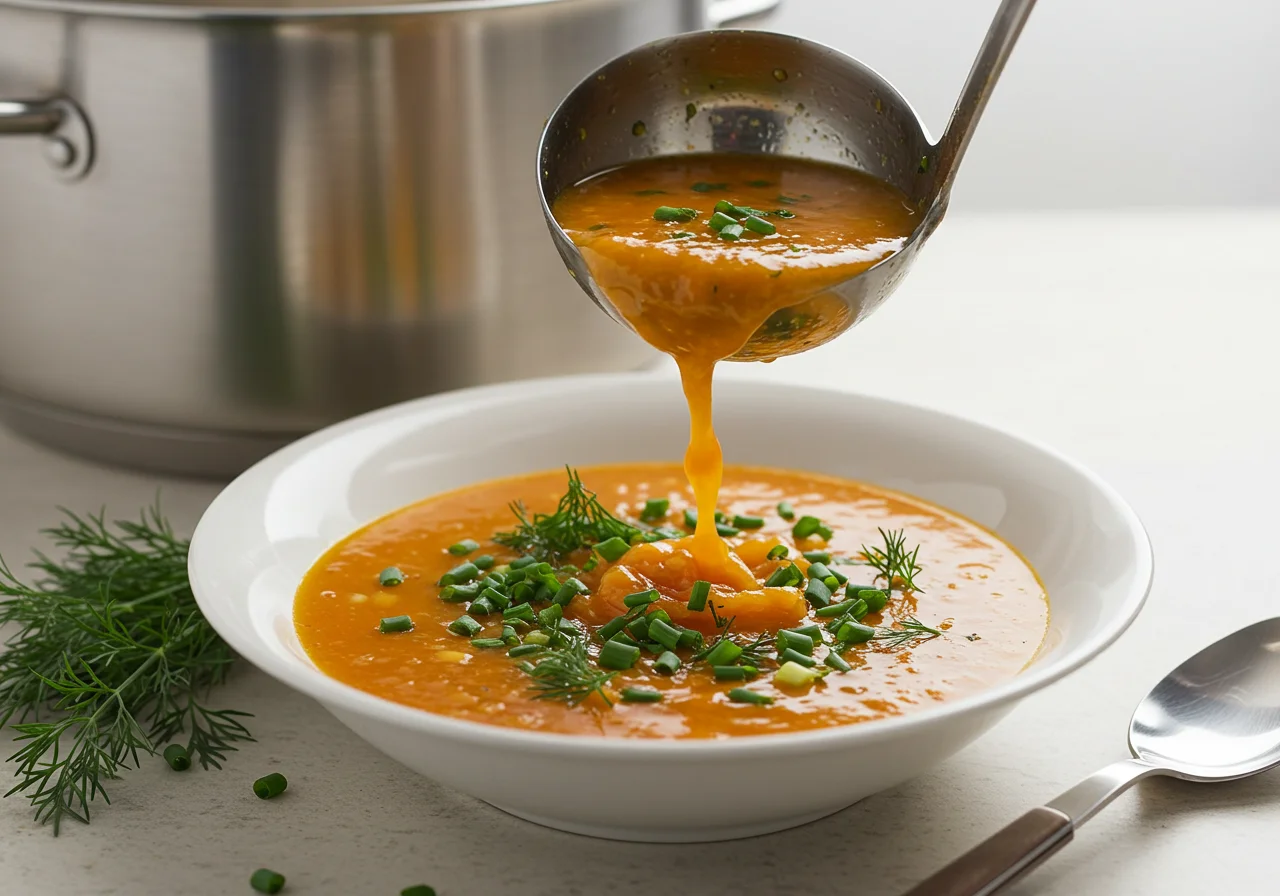 Ladling herzhafte Käse Lauch Suppe mit Hackfleisch into a bowl.
