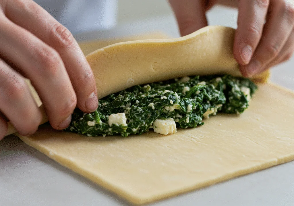 Folding puff pastry over filling for lachs im blätterteig mit spinat recipe.