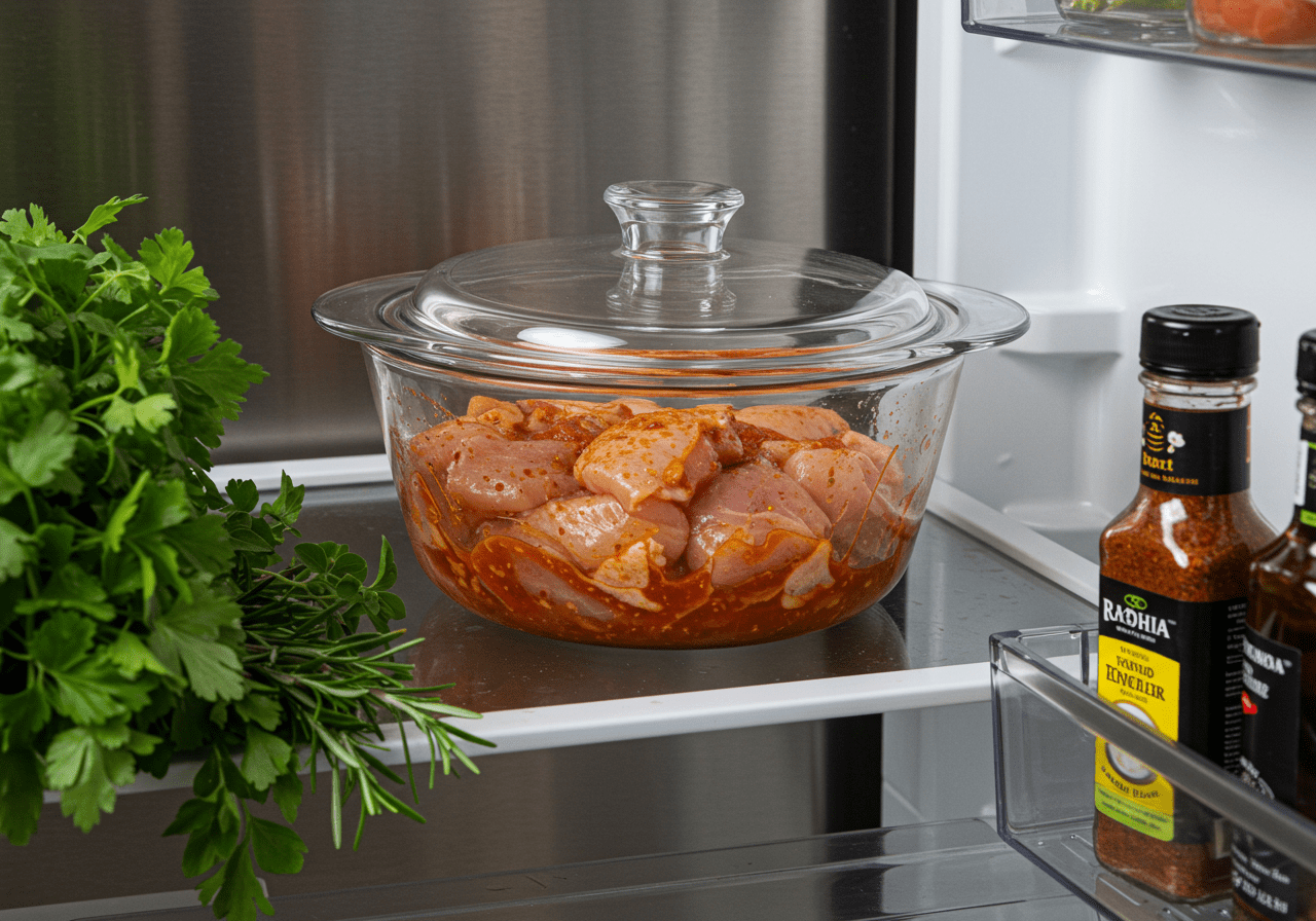 Marinierendes Hähnchen in Joghurtmarinade, die in den Kühlschrank gestellt wird.