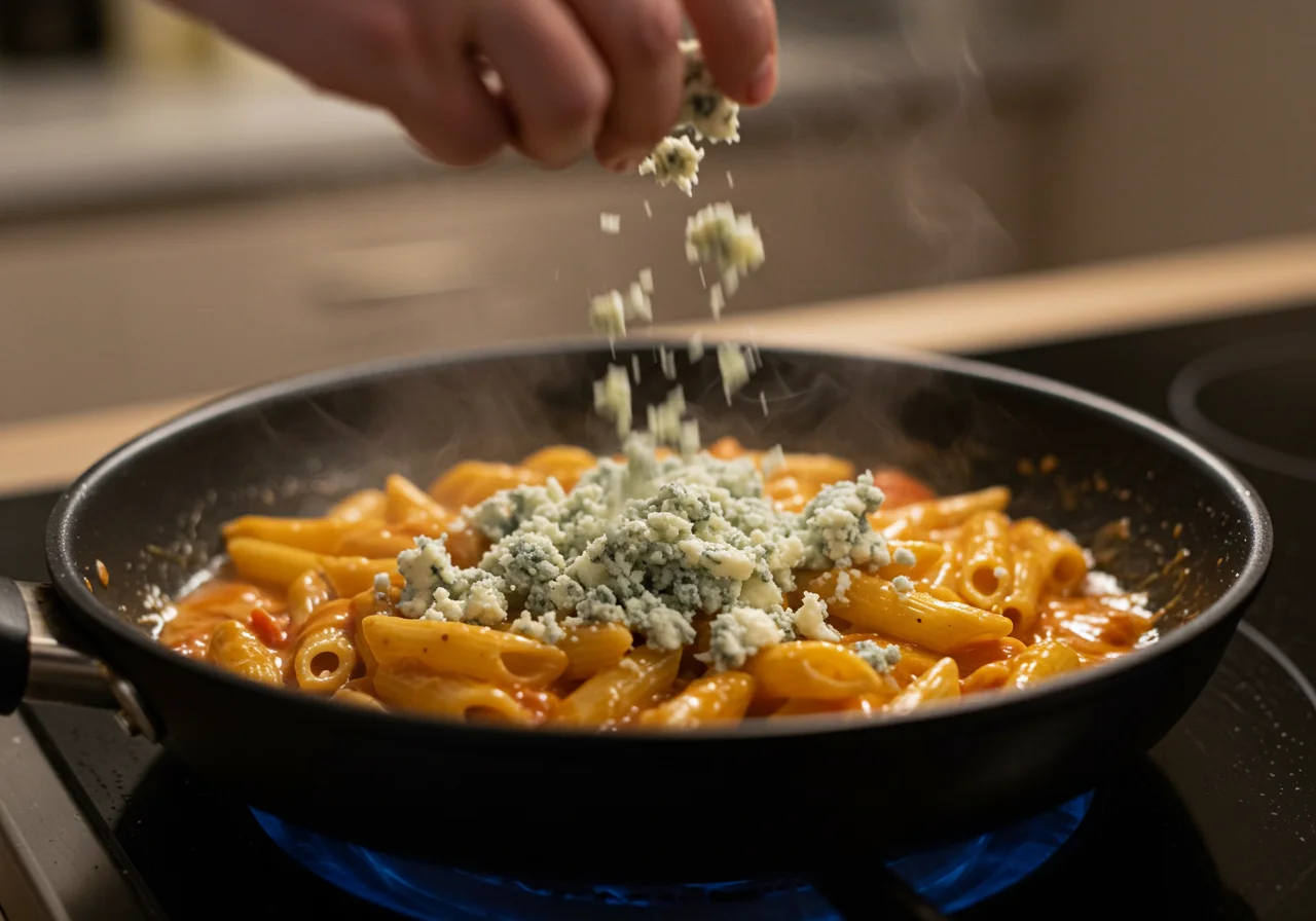 Adding Gorgonzola cheese to pasta with spinach and salmon for a rich flavor.