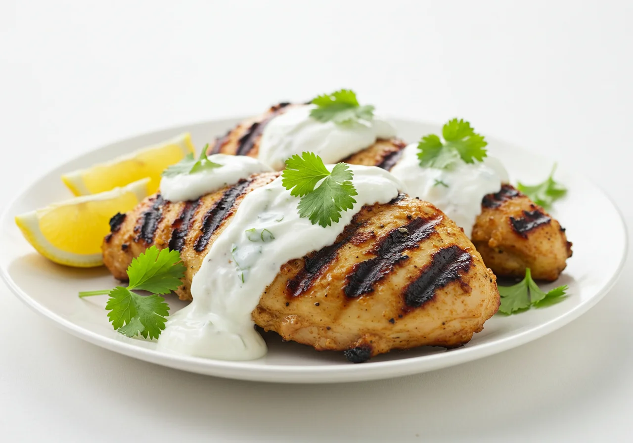 Fertiges Hähnchen in Joghurt Marinade, servierbereit mit Koriander und Zitronenscheiben.