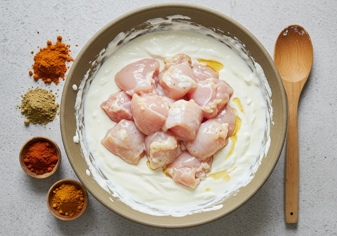 Hähnchenstücke in die Jogurt Marinade gegeben für die hähnchen joghurt marinade.