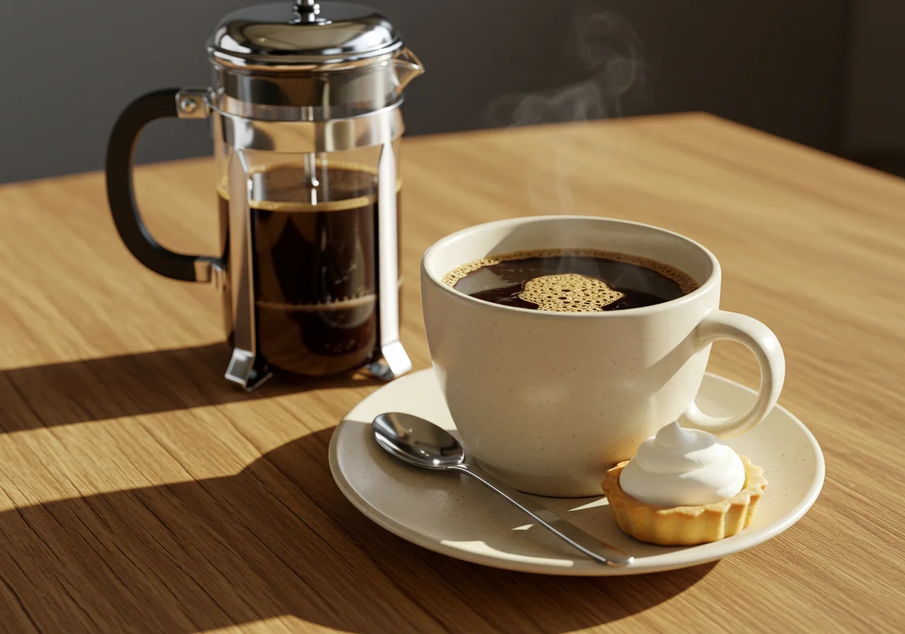 Eine Tasse frisch zubereiteter Kaffee aus der French Press, perfekt zum Genießen.