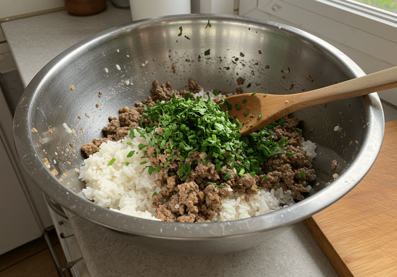 Reis, Hackfleisch und Gewürze werden für gefüllte Paprika kombiniert im Rezept gefüllte Paprika mit Reis und Hackfleisch.