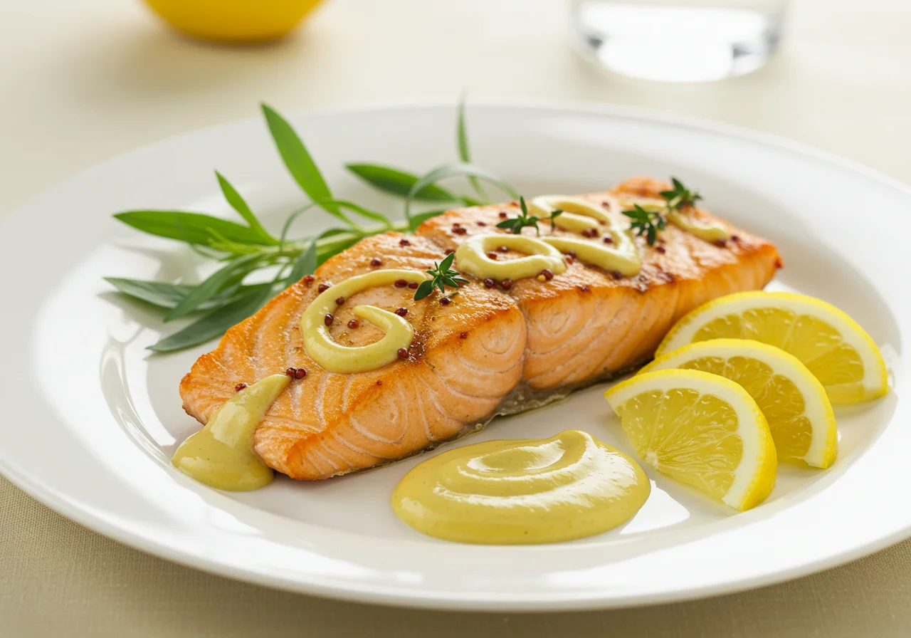 Perfekt angerichteter Fisch mit klassischer Senfsoße, ideal für Fischliebhaber.