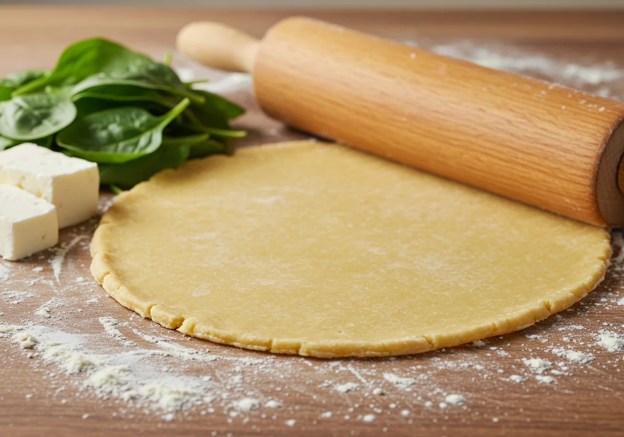 Rolling out pie crust for spinat quiche mit lachs preparation.
