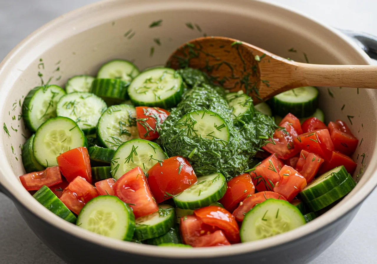 Tomaten Gurken Salat mit Dill Dressing wird in einer Schüssel vermischt.