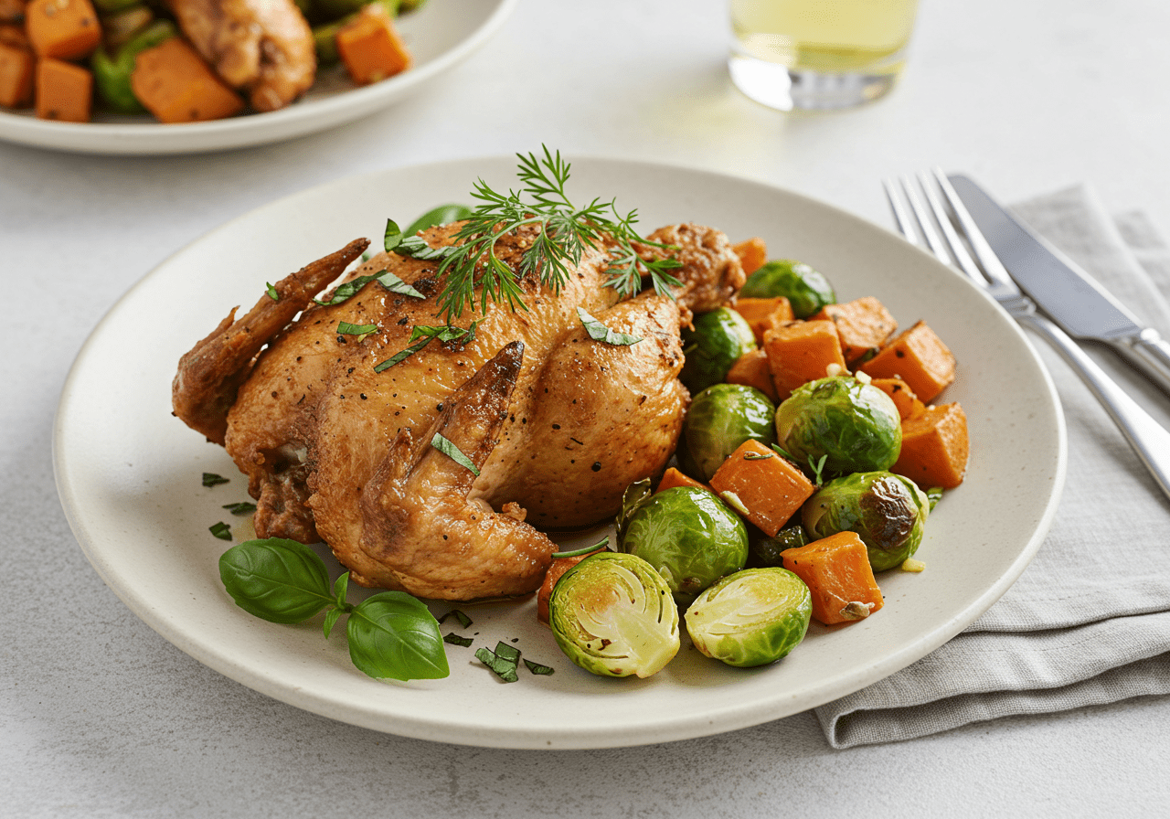 Fertiges knuspriges Hähnchen aus dem Airfryer auf dem Teller, perfekt für ein festliches Essen.