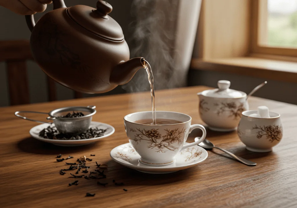 Schwarzer Tee wird in eine Teetasse gegossen, um die gesundheitlichen Vorteile zu genießen.