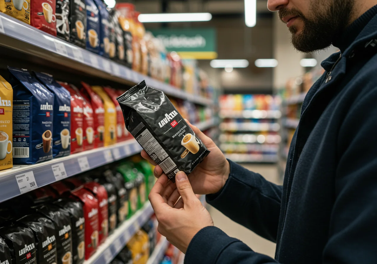 Angebot Lavazza Kaffee beim Einkaufen im Supermarkt, Vergleich der Bohnen.