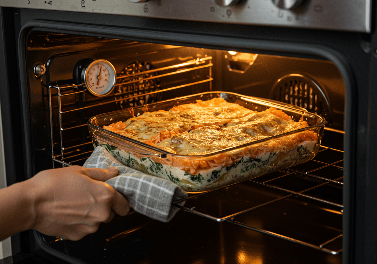 Die Lachs Lasagne mit Spinat wird in den vorgeheizten Ofen geschoben.