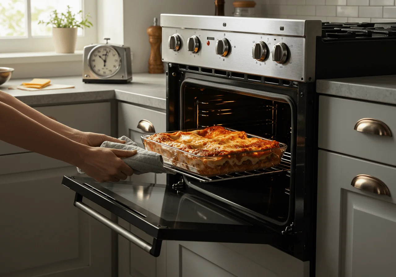 Lasagna with spinach and salmon being placed into the oven to bake.