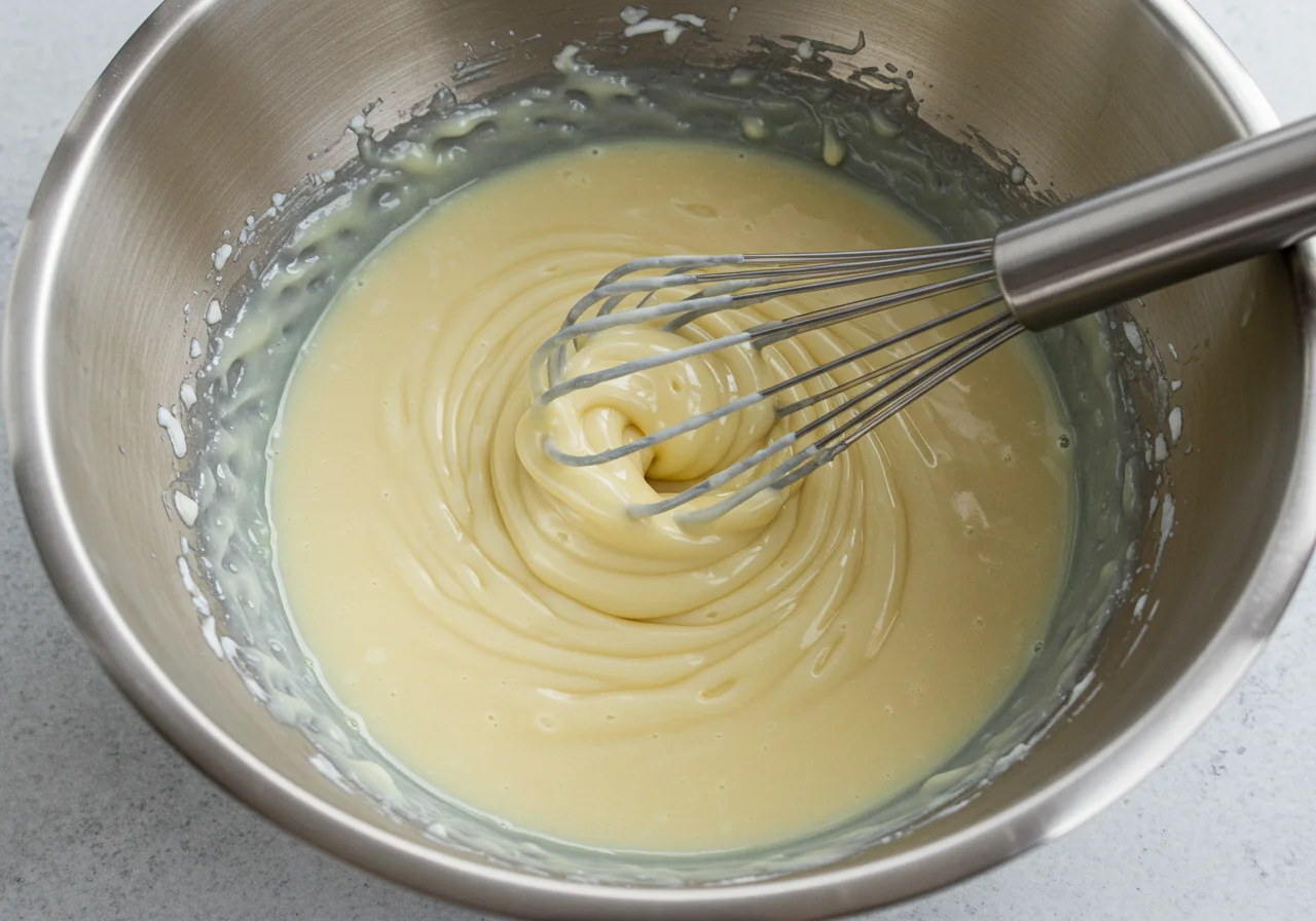 Mischen von geschmolzener veganer weißer Schokolade und Ganache für ein leckeres Dessert.