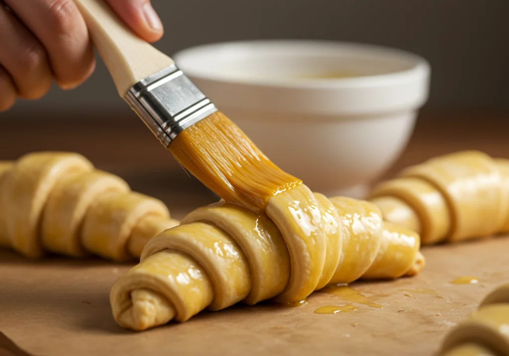 Egg wash being applied to schinken käse croissants before baking for a golden finish.