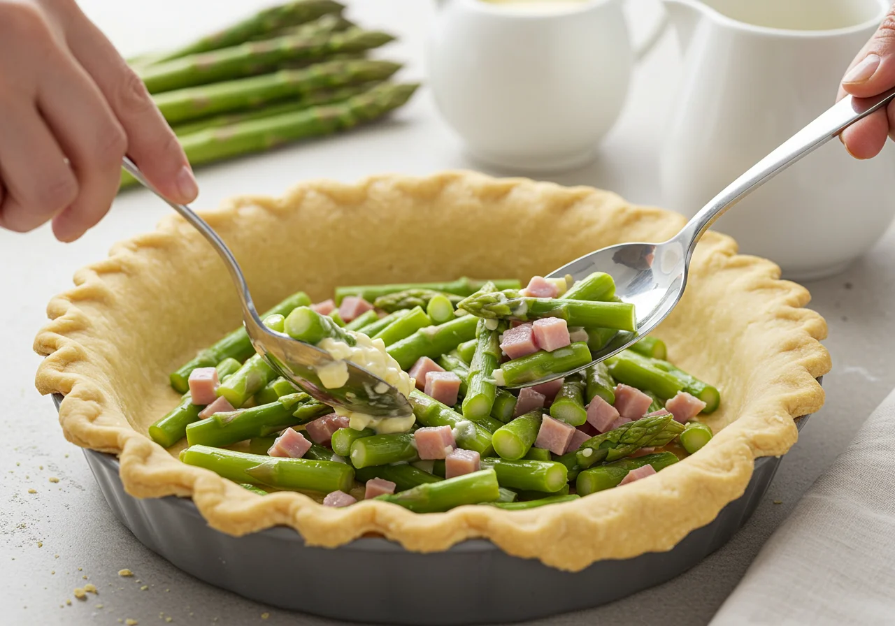 Die Spargel Quiche wird mit einer Mischung aus Spargel und Schinken in einer Mürbeteigkruste gefüllt.