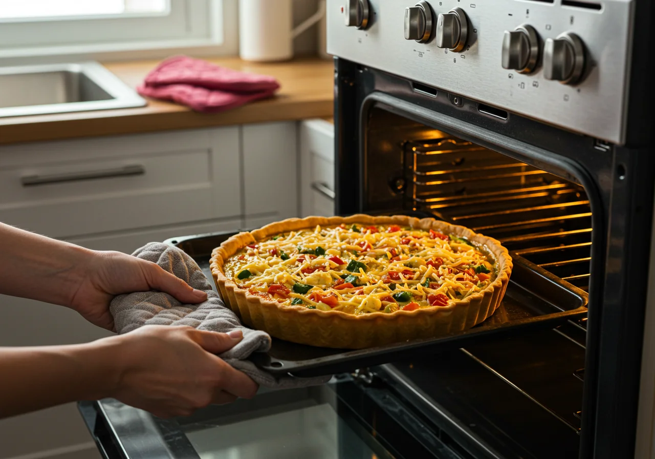 Die Spargel Quiche wird in den Ofen geschoben, um zu backen und ihre köstlichen Aromen zu entfalten.