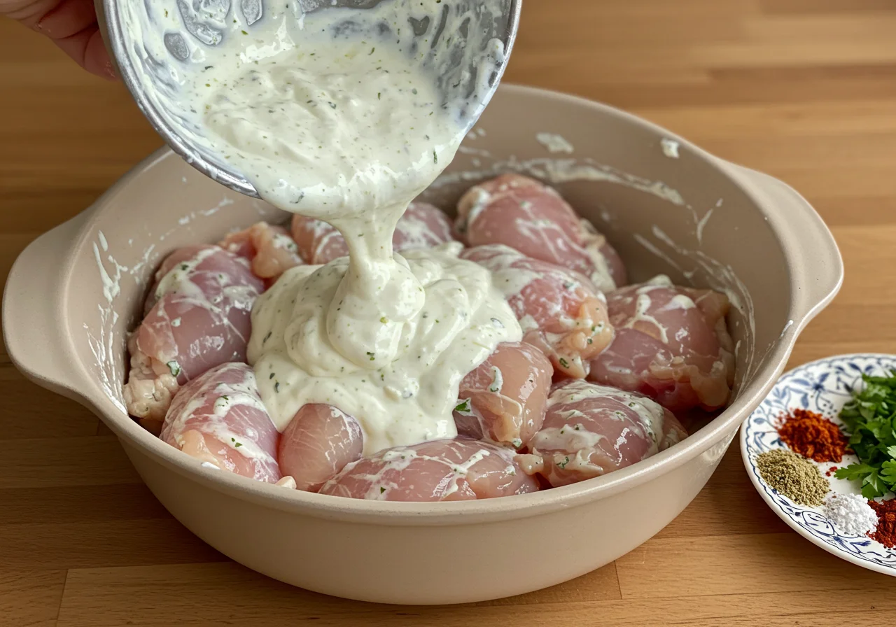 Hähnchenstücke, die in der joghurt marinade für das Marinieren vorbereitet werden.