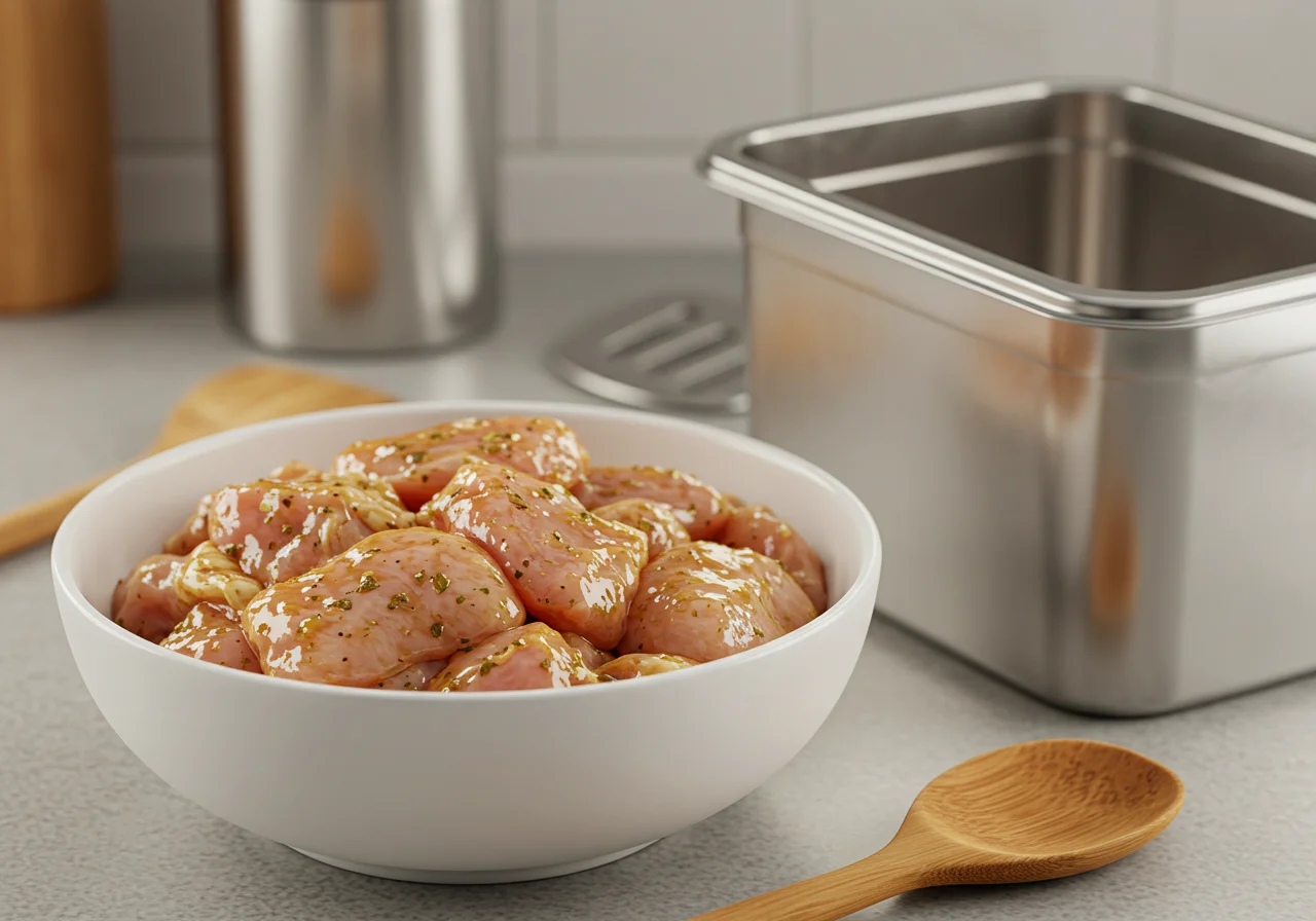 Bereitgestelltes hähnchen in joghurt marinade, das im Kühlschrank aufbewahrt wird.