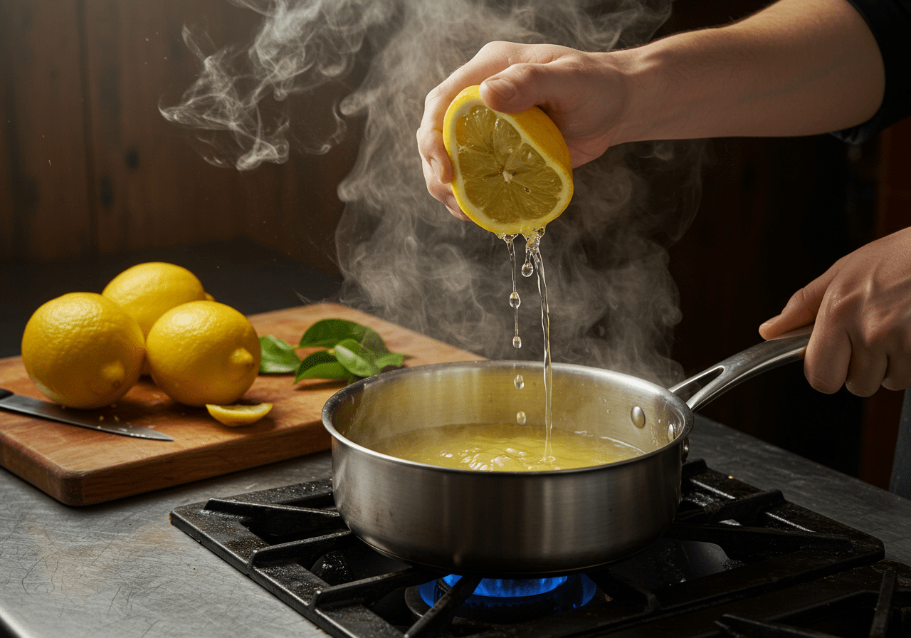 Zitronensaft wird in die Sauce für Fisch hinzugefügt, um Geschmack und Frische zu verleihen.