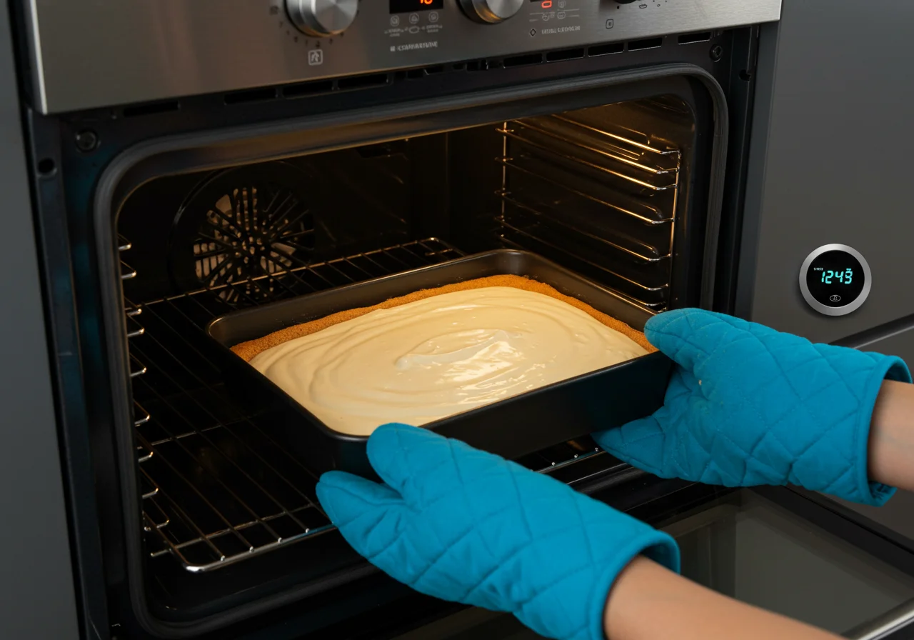 Placing the mascarpone cake batter in the oven to bake for luftiger Mascarpone Kuchen.