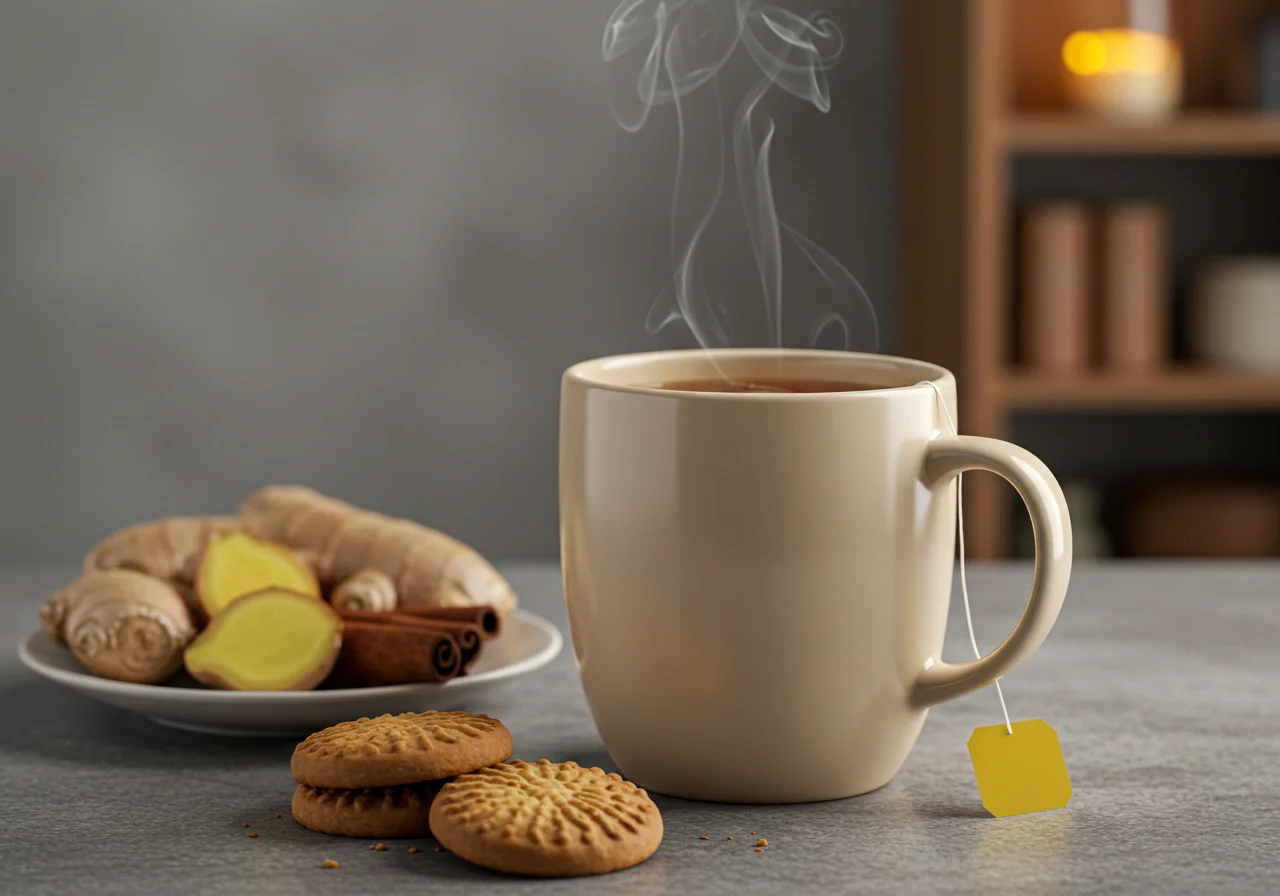 Steaming mug of Magen Darm Tee for treating symptoms, with ginger slices for extra health benefits.