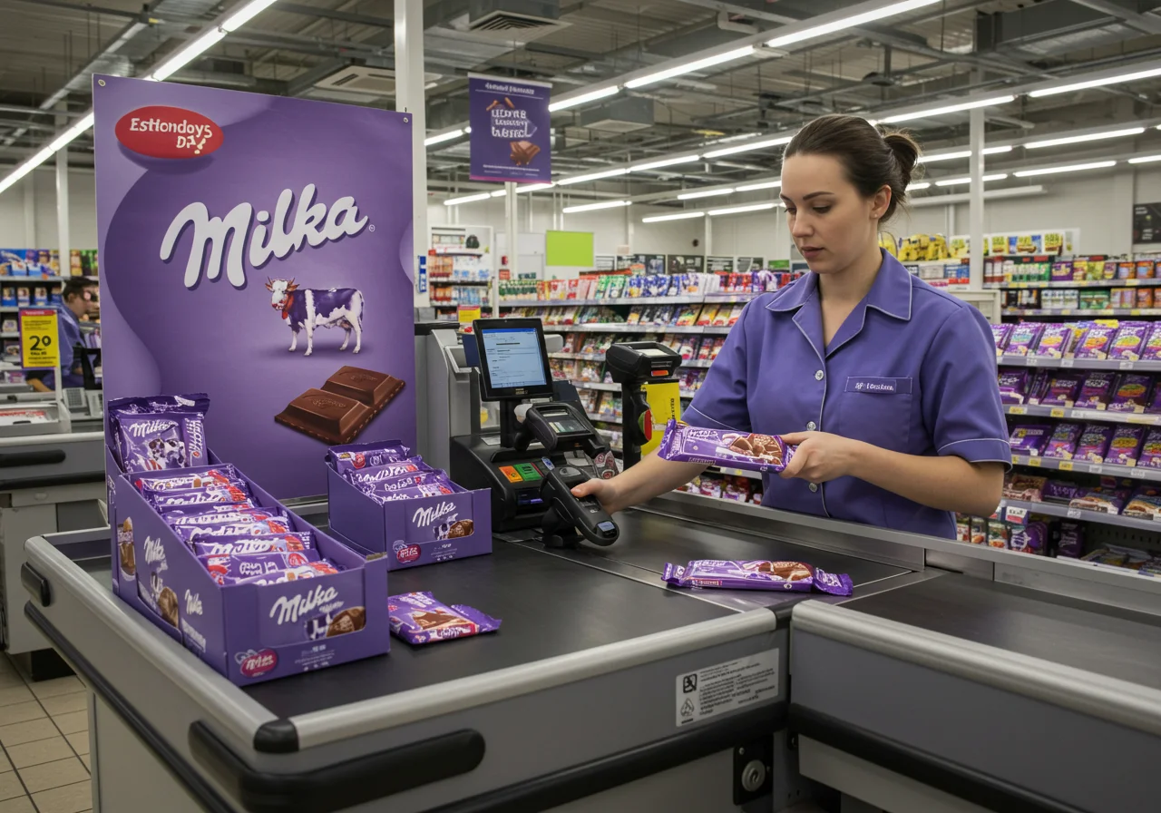 Kasse im Supermarkt mit Milka Schokolade Angeboten, Barcodes werden gescannt.