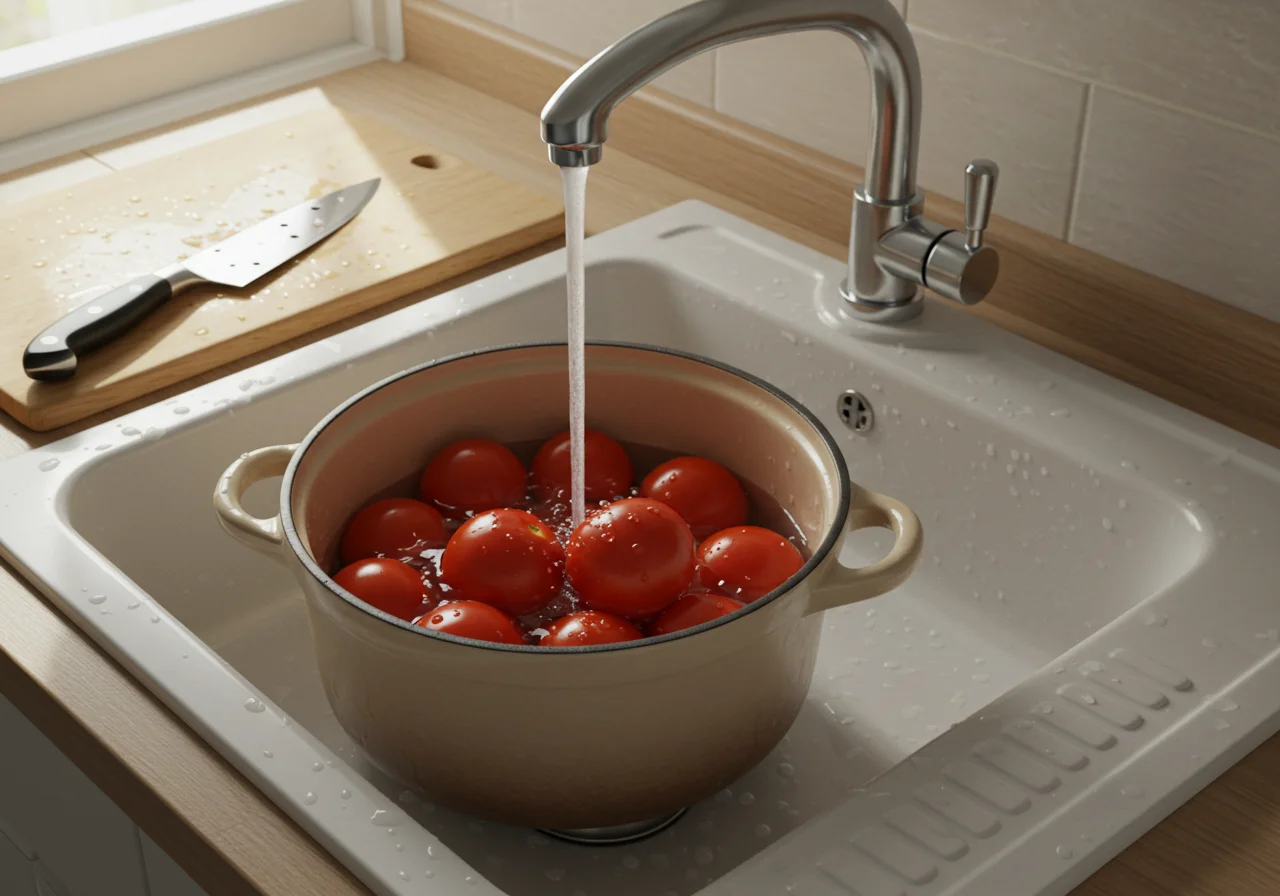 Frische Tomaten werden gewaschen, um passierte Tomaten selbst zu machen.