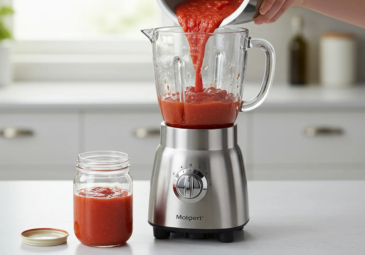 Tomatenmischung wird in einen Mixer gegossen, um passierte Tomaten selber zu machen.