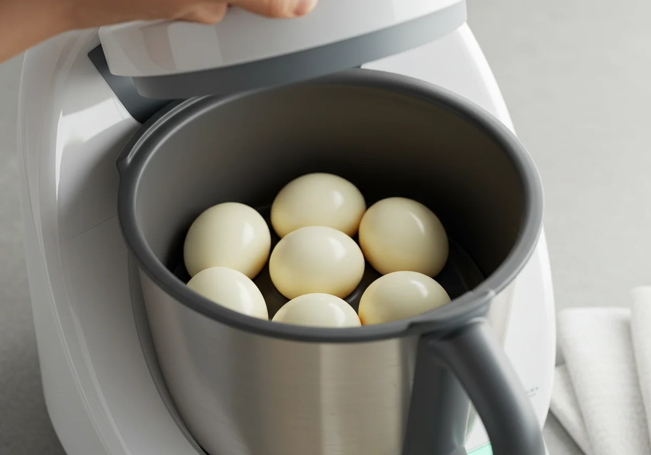 Perfekt gekochte Eier werden im Thermomix präsentiert.