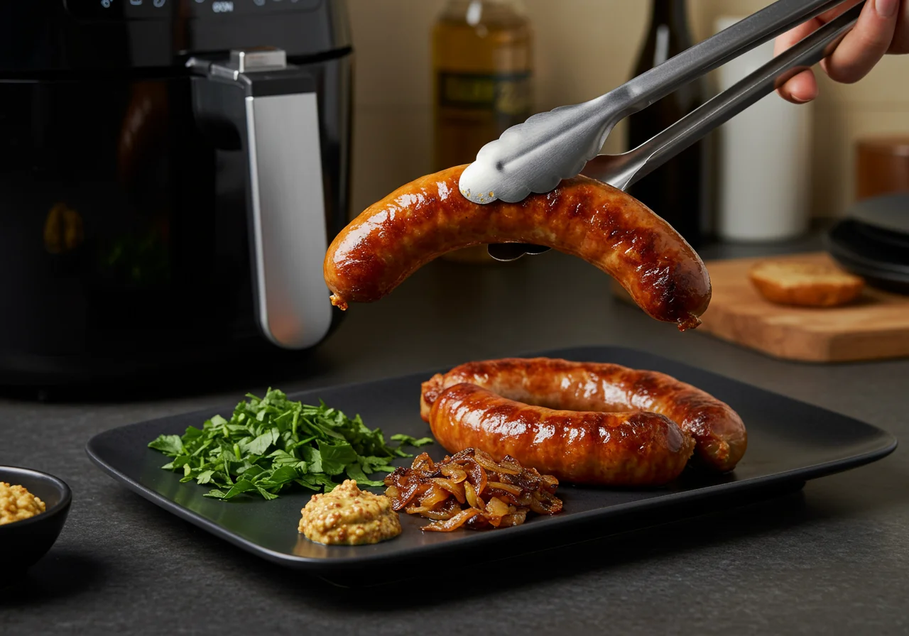 Perfectly cooked bratwurst being served from der heißluftfritteuse, ready to enjoy.