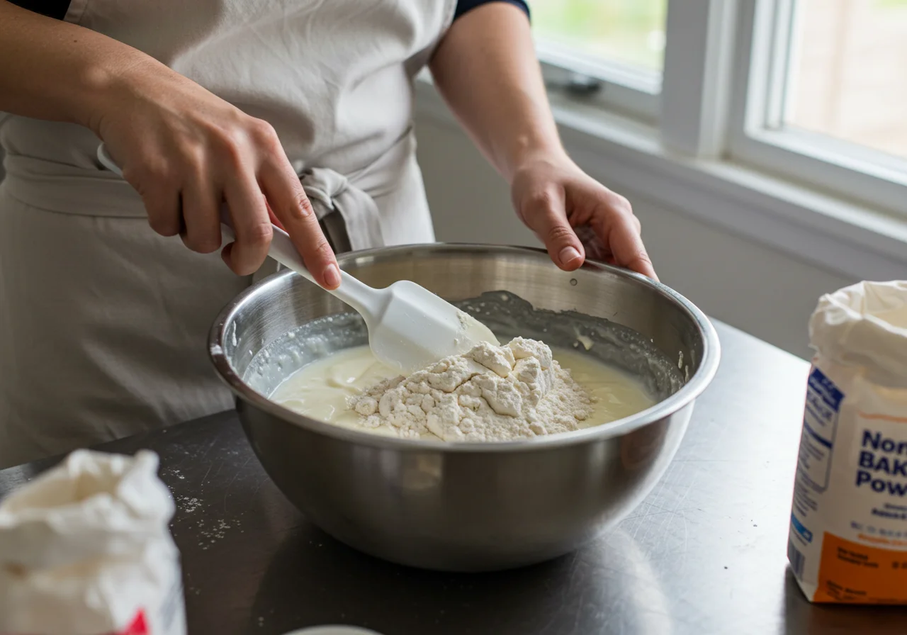 Falten von Mehl und Backpulver zur Joghurt Kuchen Mischung für einen saftigen Zitronen Joghurt Kuchen.