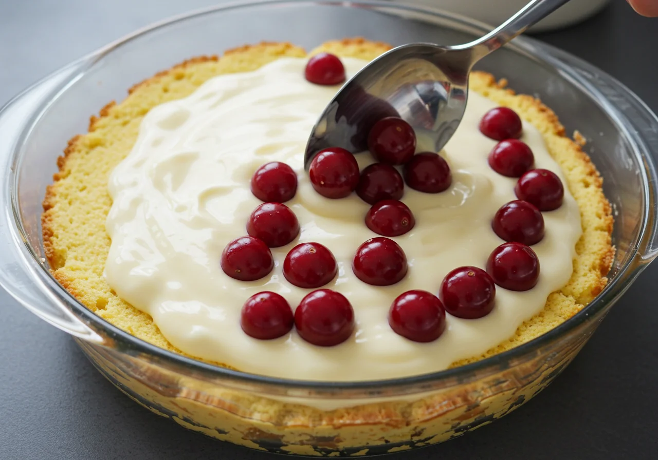 Schichten von Kuchen und Pudding für den saftigen Kuchen mit Kirschen vorbereitet.