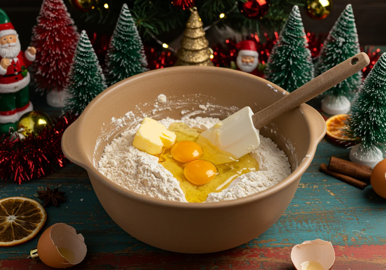 Butter und Eier werden zu den trockenen Zutaten für den marzipan kuchen hinzugefügt.