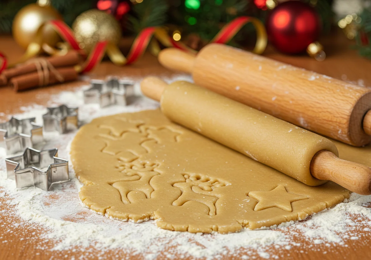 Ausgerolltes Marzipan für den Apfel Marzipan Kuchen während der Weihnachtsbäckerei.