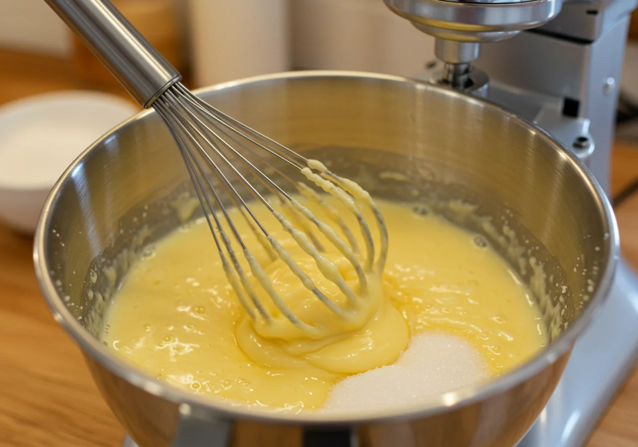 Zucker, Eier und Vanille werden für den Nusskuchen klassisch vermischt.