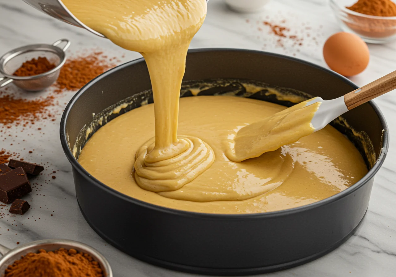 Kuchenteig für Nusskuchen wird in die Backform gegossen.