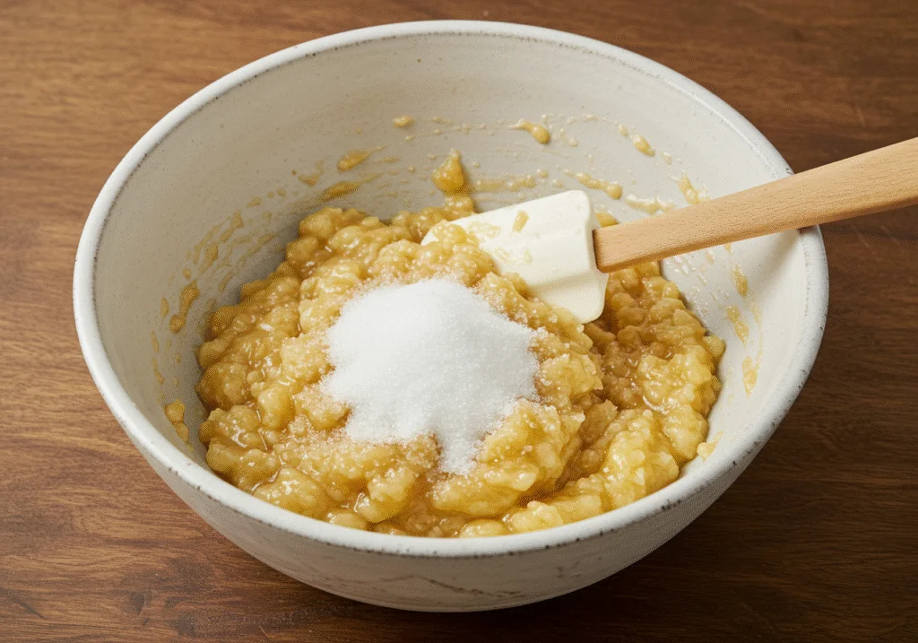 Bananen und Zucker werden für den bananen schoko kuchen gemixt.
