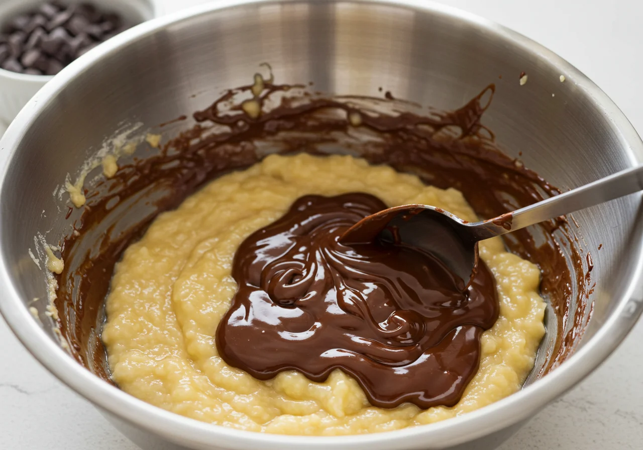 Bananen- und Schokoladenmischung für bananen schoko kuchen wird verrührt.