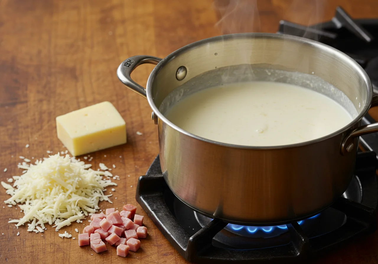 Zutaten für Käse Sahne Soße, einschließlich Sahne, geriebenem Käse und Schinken, auf der Küchentheke.