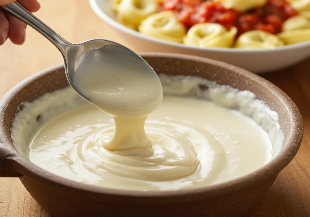 Das Rühren von Käse in die Sahne, um eine cremige Käse Sahne Soße für Tortellini zu machen.