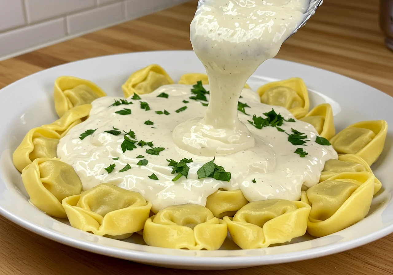 Tortellini mit Käse Sahne Soße, die in eine Servierschüssel gefüllt werden, dekoriert mit frischer Petersilie.