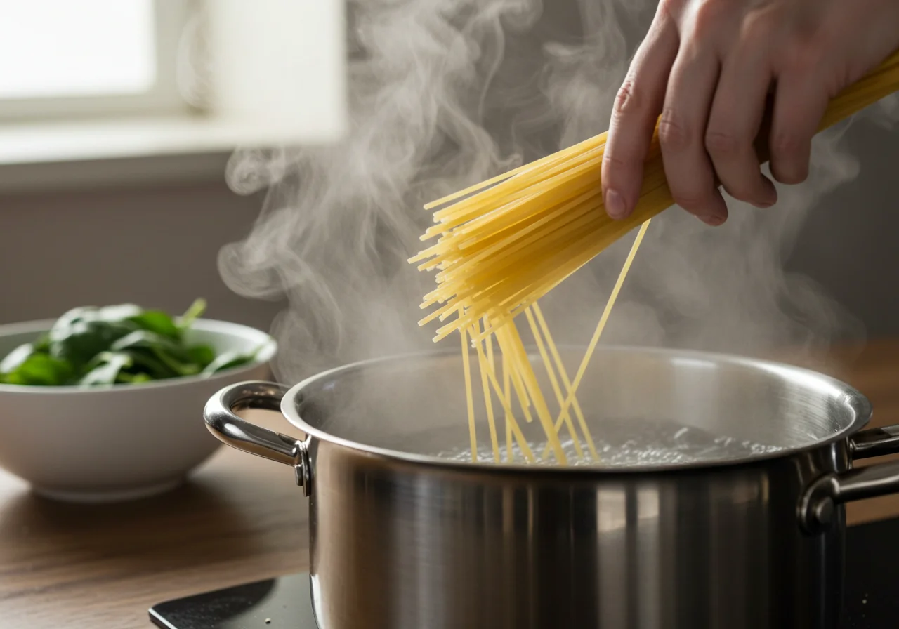 Spaghetti added to boiling water for Nudeln mit Spinat recipe.