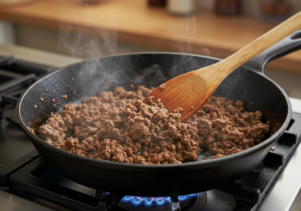 Hackfleisch wird in die Pfanne für das schnelle Reis Hackfleisch Gericht gegeben.