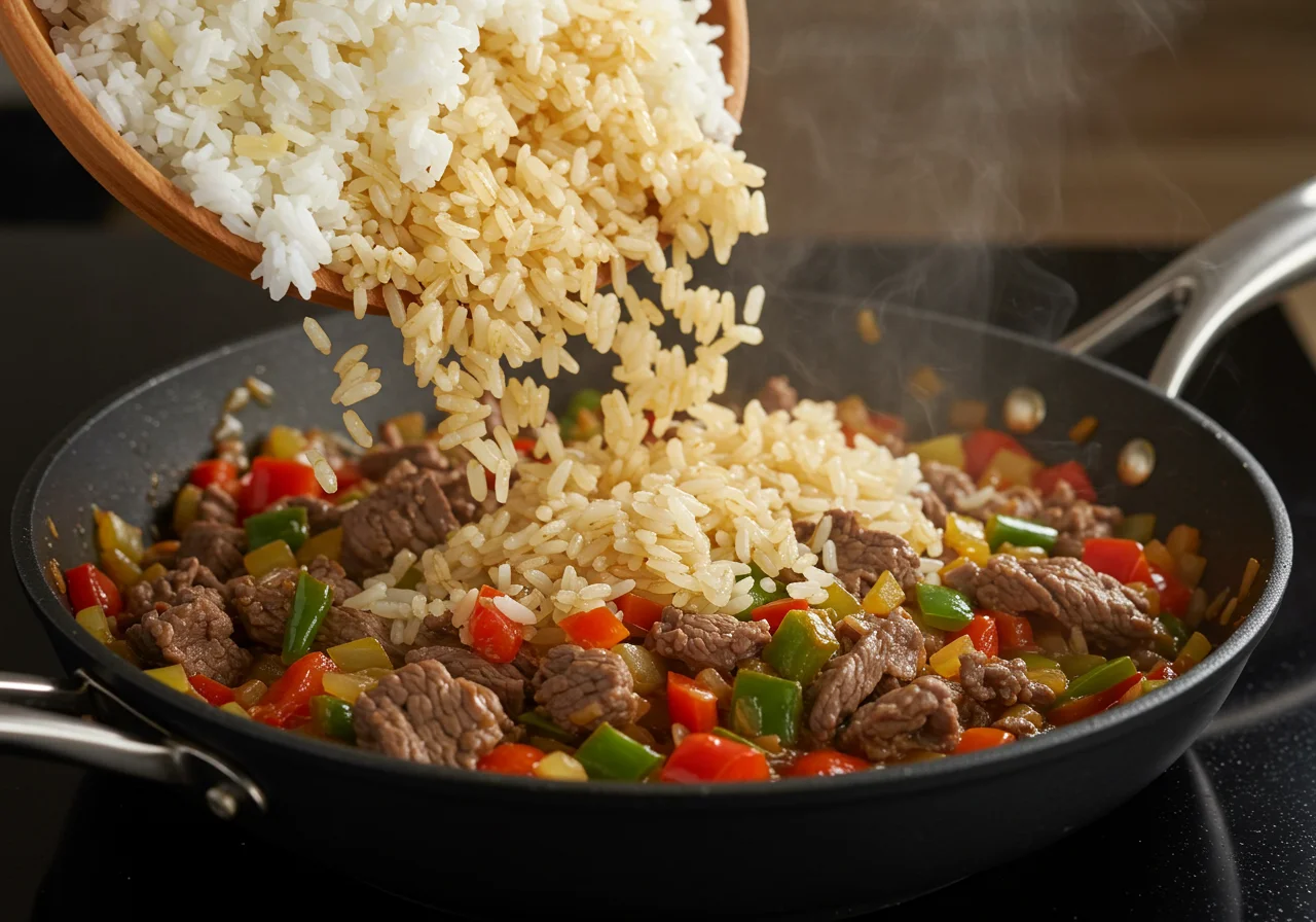 Gekochter Reis wird mit Hackfleisch und Gemüse in der Pfanne vermischt.